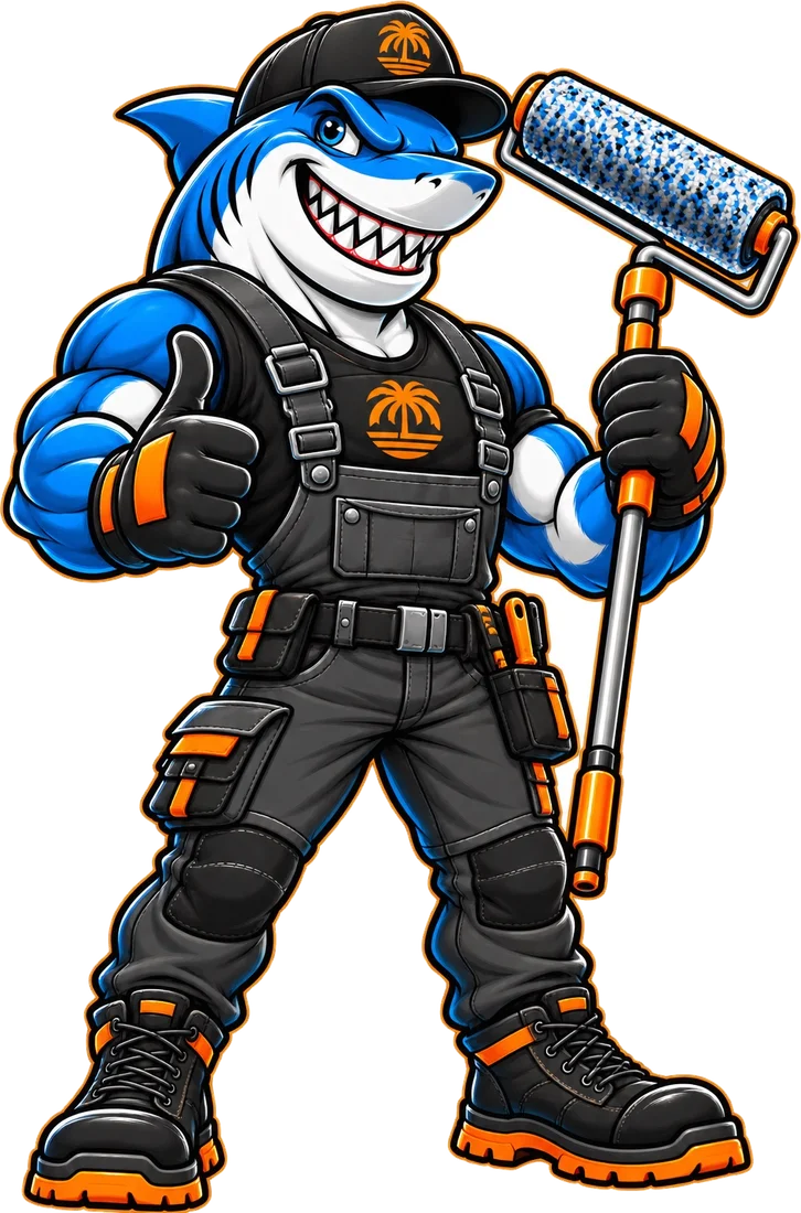 Bay City Coatings shark mascot giving a thumbs up while holding a flake roller