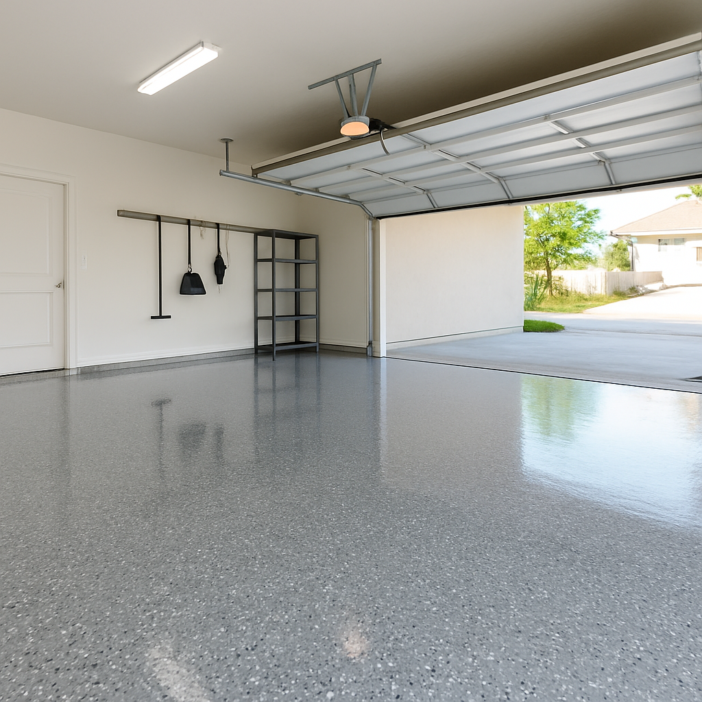 Glossy gray and white flake epoxy two-car garage floor