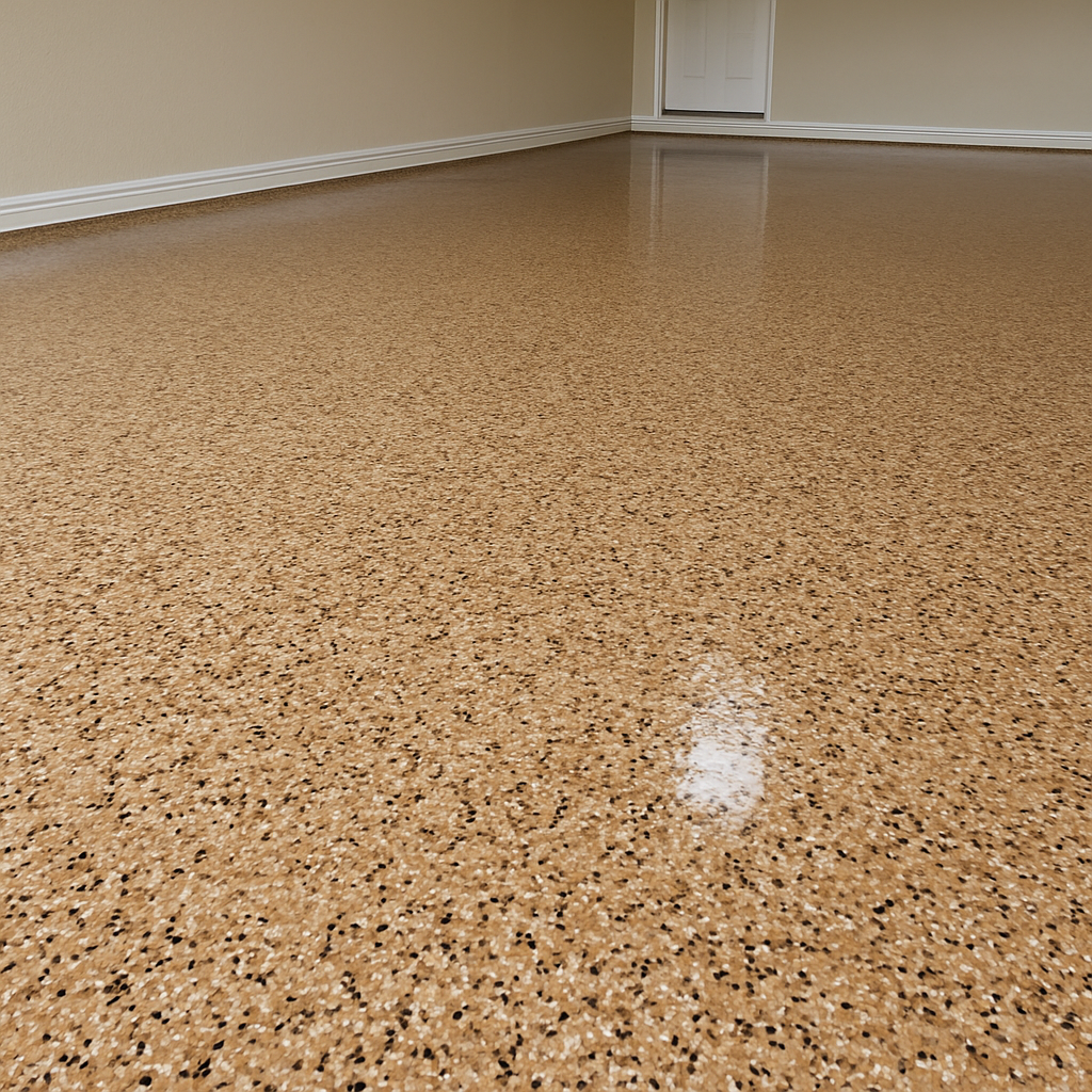 Warm tan and brown flake epoxy garage floor