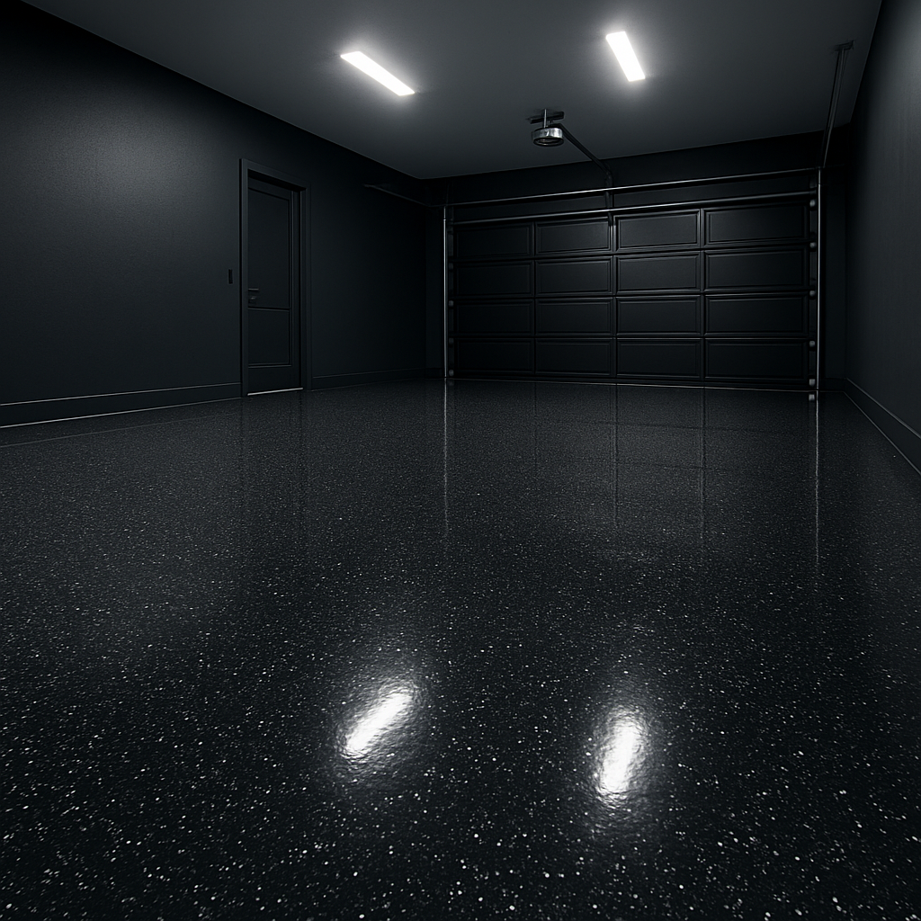 Sleek charcoal flake garage floor with a mirror gloss finish