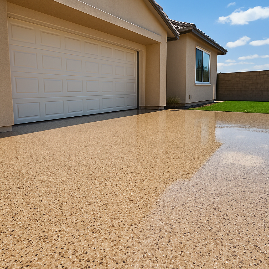 Beige flake epoxy patio coating extending outdoors